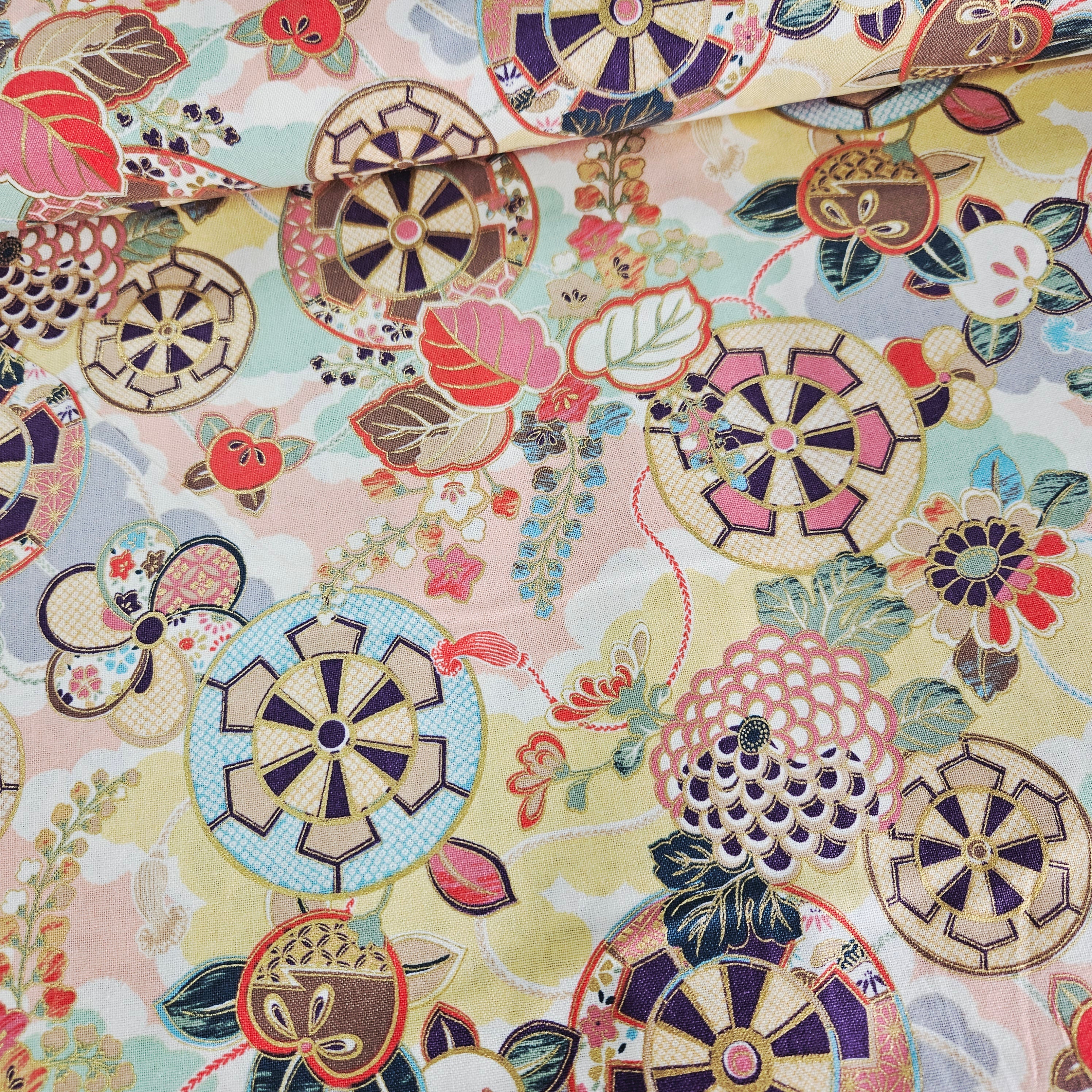 Quilt Gate - Hyakka Ryoran Japanese MetallicMedallions HR3931-21 100% Cotton Fabric