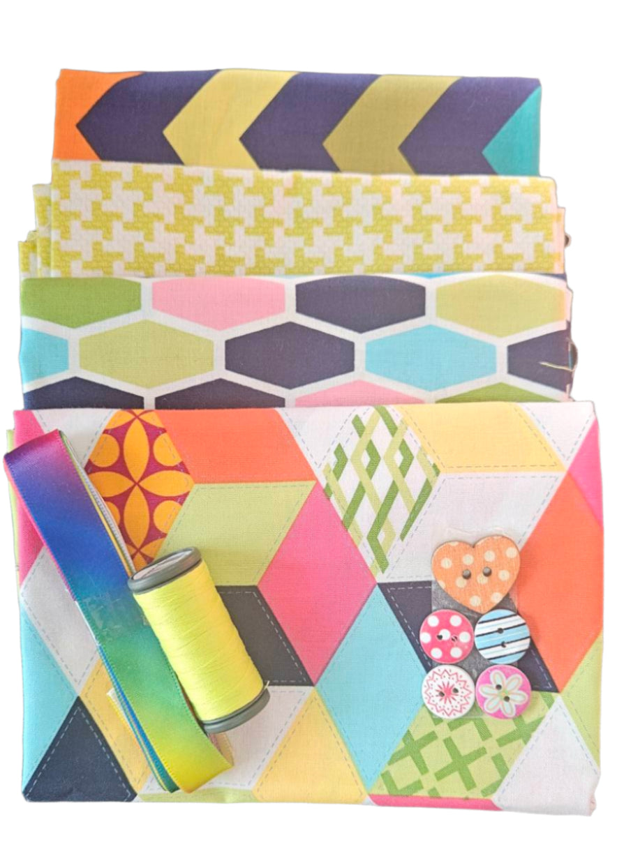 Half Yard Stash Bundle - Jazzy Geometrics - Inc 4 x fabrics, DMC thread, ribbon & buttons