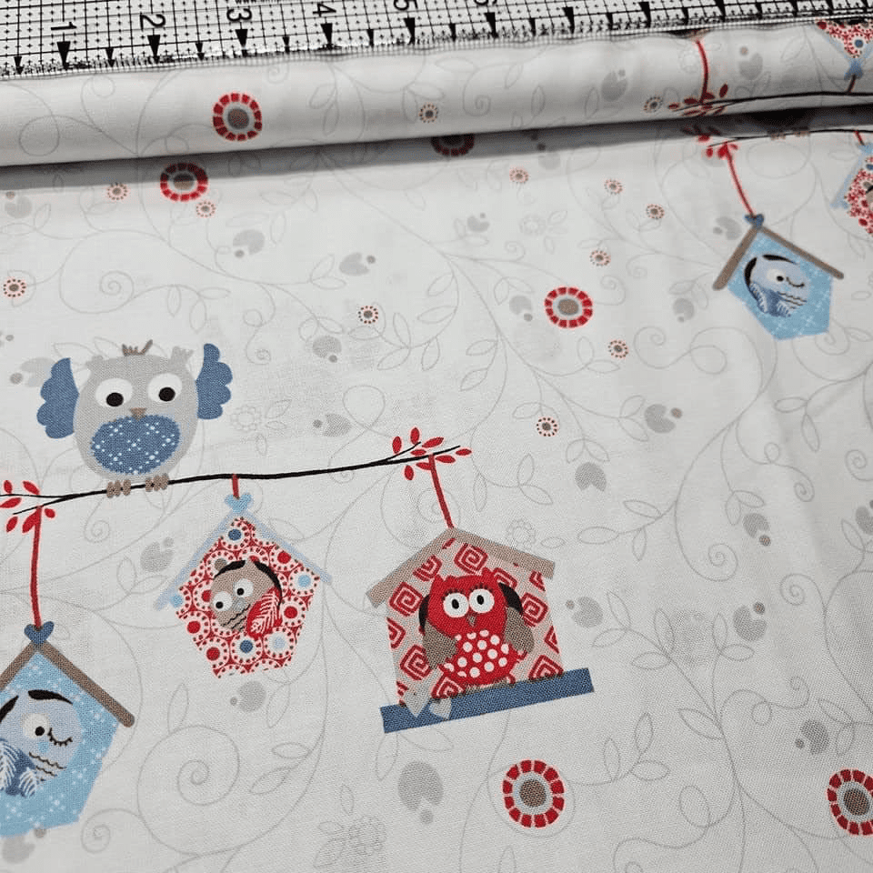 Stof - O.B.O. Owls Birdhouses White 100% Cotton Fabric