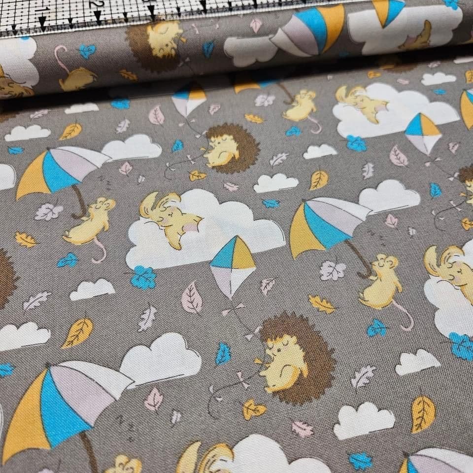 Stof - Off to Dreamland Hedgehog Umbrella Grey 100% Cotton Fabric