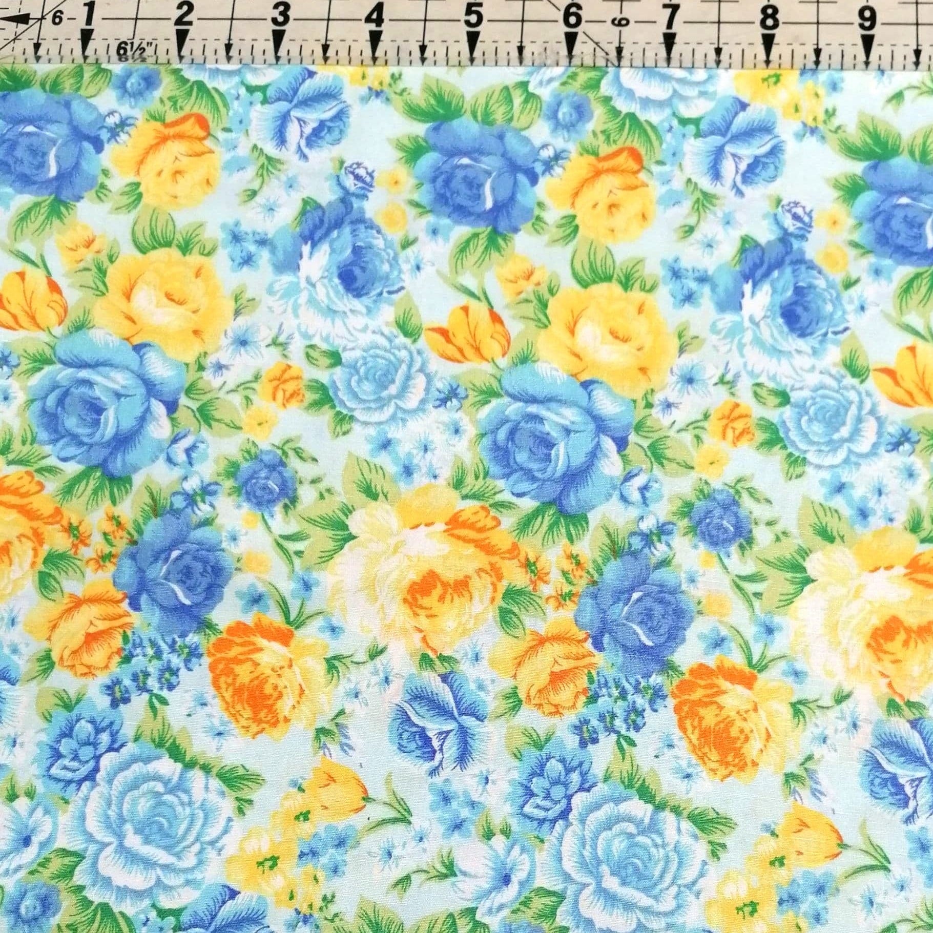 Poplin - Summer Roses Blue 100% Cotton Fabric Yard