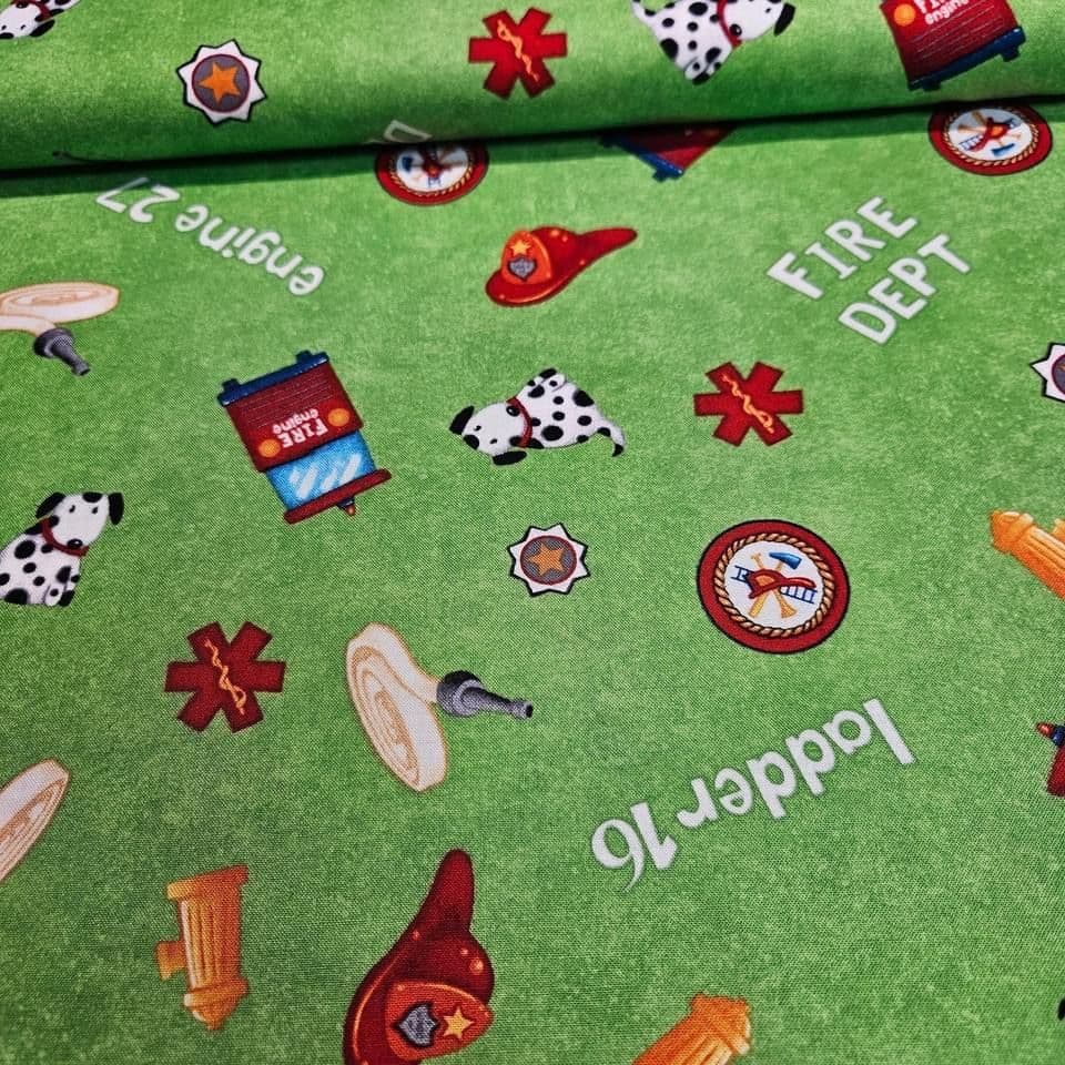 Wilmington Prints - Zip Zoom Fire Engines Dept Green 100% Cotton Fabric