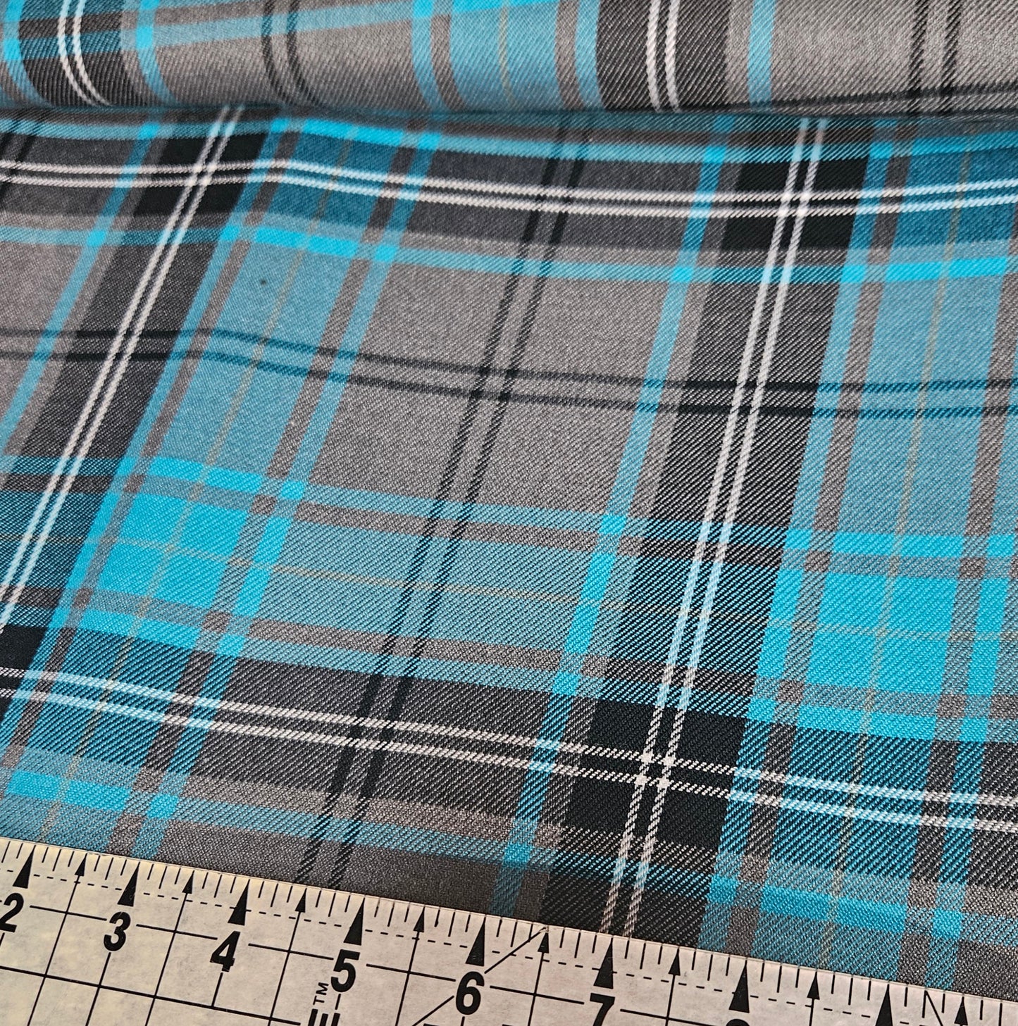 Tartan - Turquoise & Grey Poly Viscose Fabric Yard