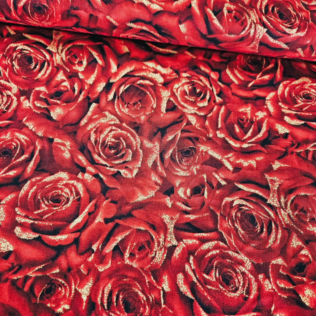 Hoffman - Cardinal Carols Christmas Rose Metallic Red 7630 100% Cotton Fabric