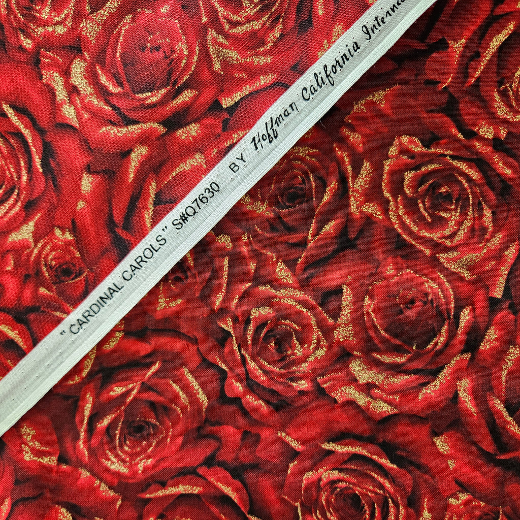Hoffman - Cardinal Carols Christmas Rose Metallic Red 7630 100% Cotton Fabric