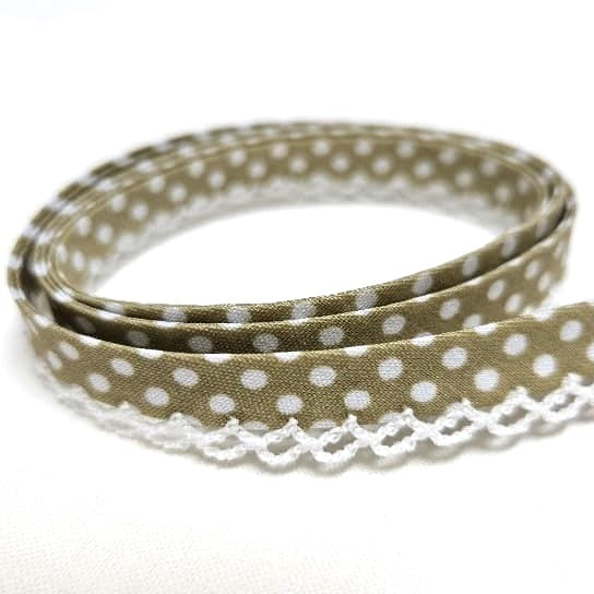 12mm Bias Binding Lace Edge Polka Dot Double Fold  - Beige / White