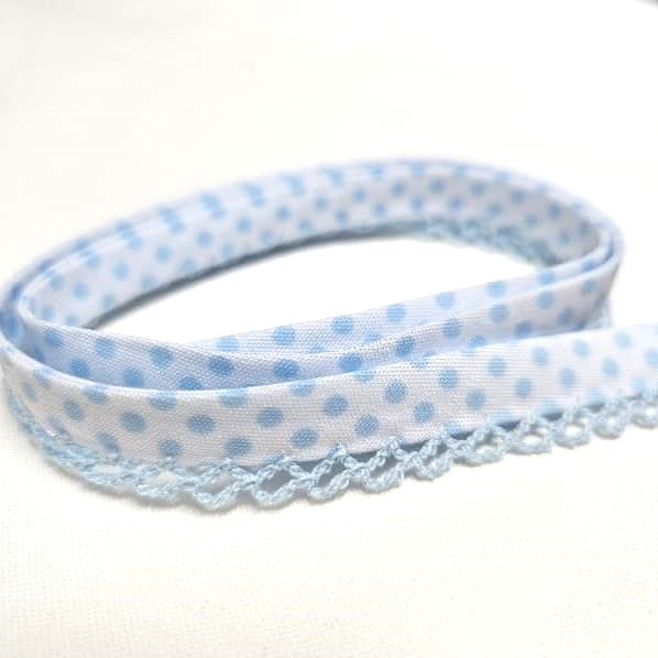 12mm Bias Binding Lace Edge Polka Dot Double Fold  - White / Blue