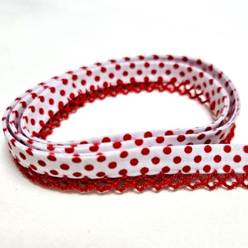 12mm Bias Binding Lace Edge Polka Dot Double Fold  - White / Red