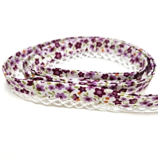 12mm Bias Binding Lace Edge Polka Dot Double Fold  - Floral Purple