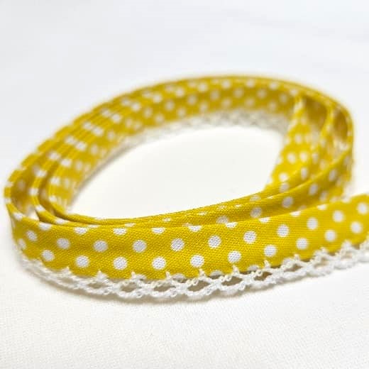 12mm Bias Binding Lace Edge Polka Dot Double Fold  - Yellow / White