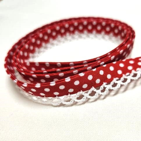 12mm Bias Binding Lace Edge Polka Dot Double Fold  - Red / White