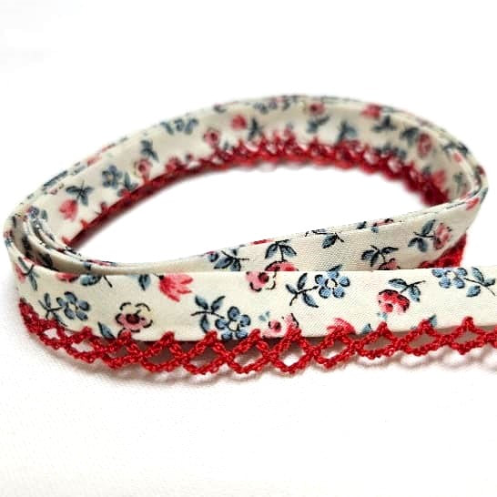 12mm Bias Binding Lace Edge Polka Dot Double Fold  - Floral Red