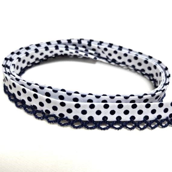 12mm Bias Binding Lace Edge Polka Dot Double Fold  - White / Navy