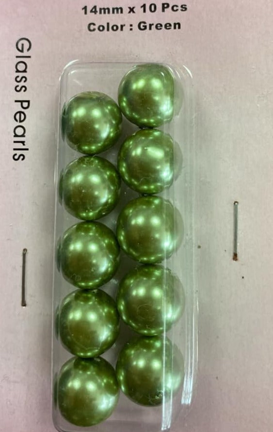 14mm Glass Pearls - Green 10pcs