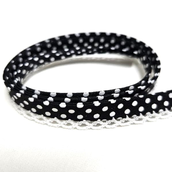 12mm Bias Binding Lace Edge Polka Dot Double Fold  - Black / White