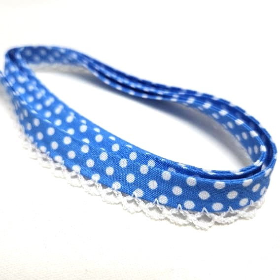 12mm Bias Binding Lace Edge Polka Dot Double Fold  - Blue / White