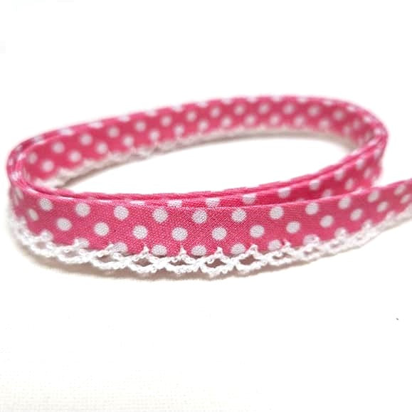 12mm Bias Binding Lace Edge Polka Dot Double Fold  - Pink / White