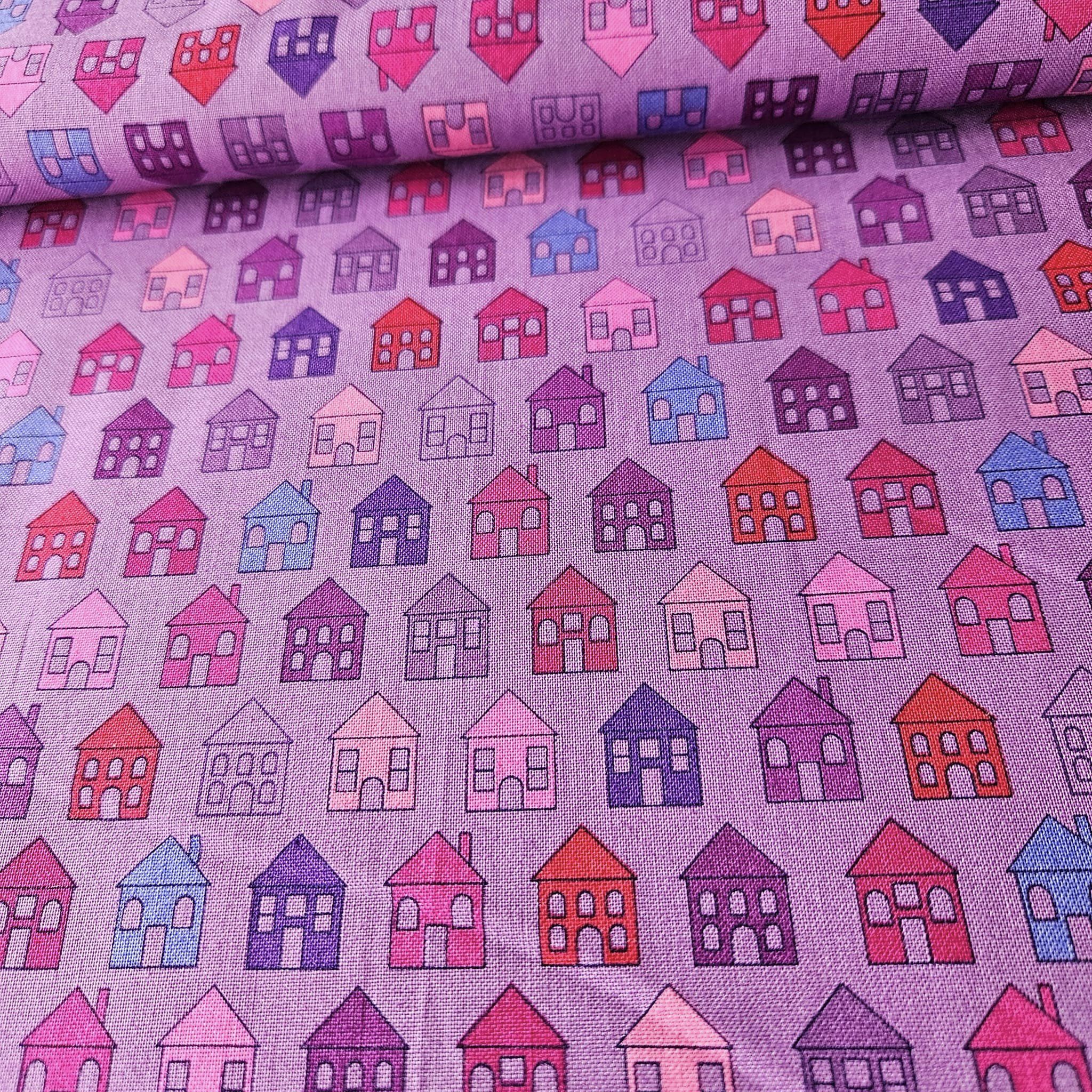 Stof - Quilters Basic Perfect Houses Purple 100% Cotton Fabric