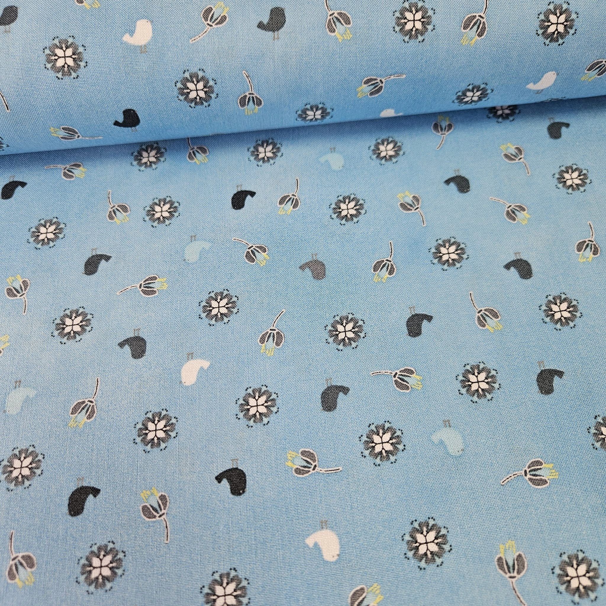 Stof - Hollies Flowers Birds Blue 100% Cotton Fabric