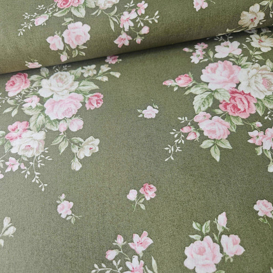 Stof - Vintage Roses Bouquet Green 100% Cotton Fabric