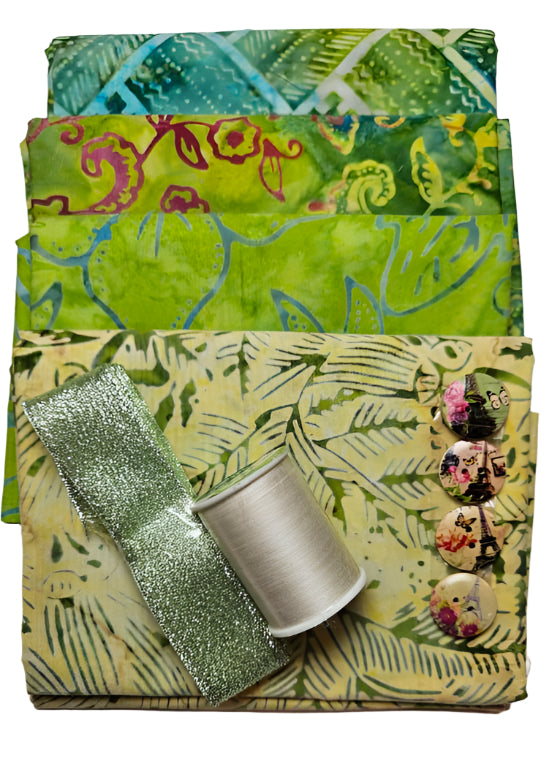 Half Yard Stash Bundle - Batik Greens - Inc 4 x fabrics, thread, ribbon & buttons