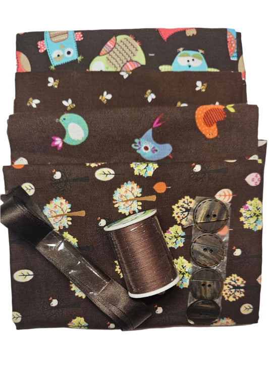 Half Yard Stash Bundle - Brown Owl - Inc 4 x fabrics, thread, ribbon & buttons