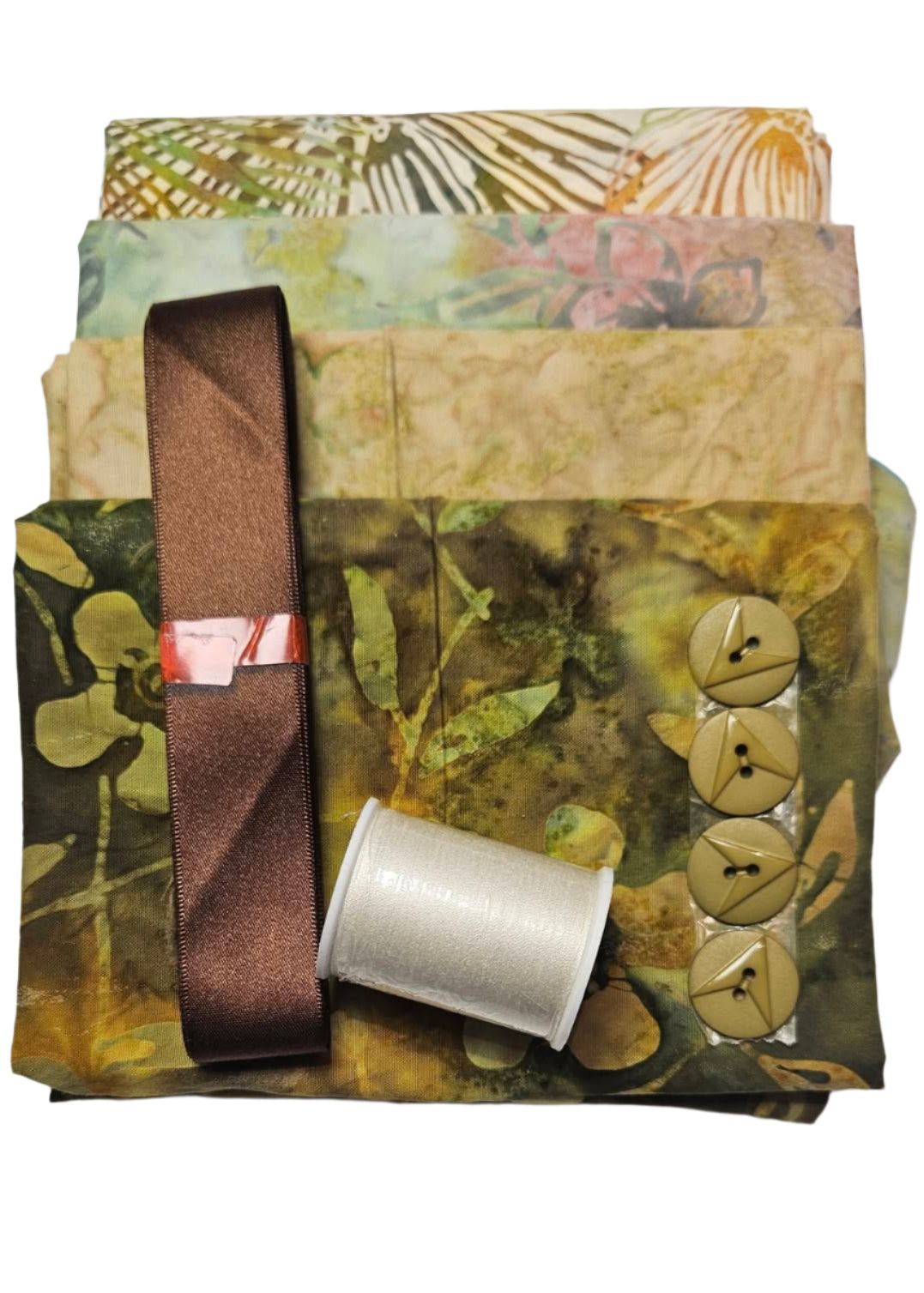 Half Yard Stash Bundle - Batik Khaki - Inc 4 x fabrics, thread, ribbon & buttons