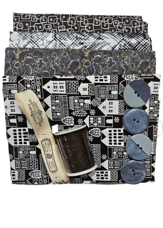 Half Yard Stash Bundle - Monochrome - Inc 4 x fabrics, thread, ribbon & buttons