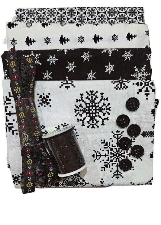 Half Yard Stash Bundle - Black & White Snow - Inc 4 x fabrics, thread, ribbon & buttons