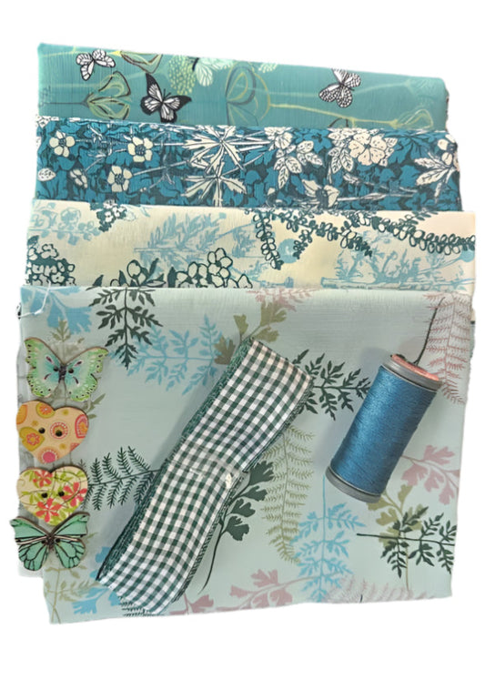 Half Yard Stash Bundle - Teal Fauna - Inc 4 x fabrics, DMC thread, ribbon & buttons