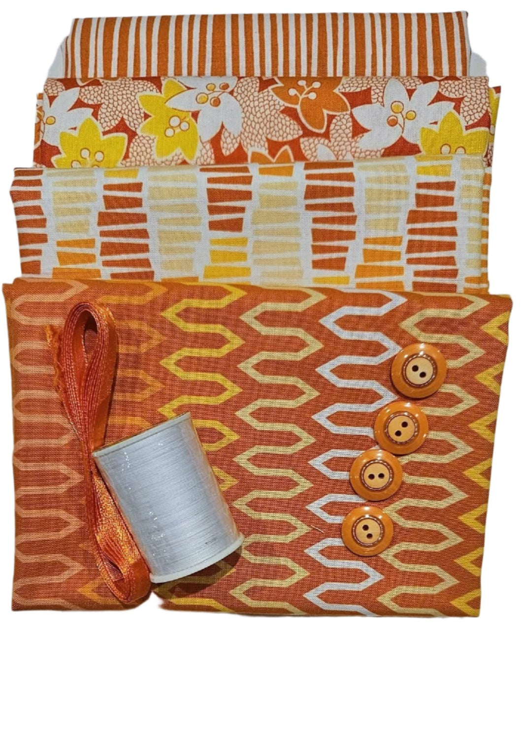 Half Yard Stash Bundle - Orange Blend - Inc 4 x fabrics, thread, ribbon & buttons