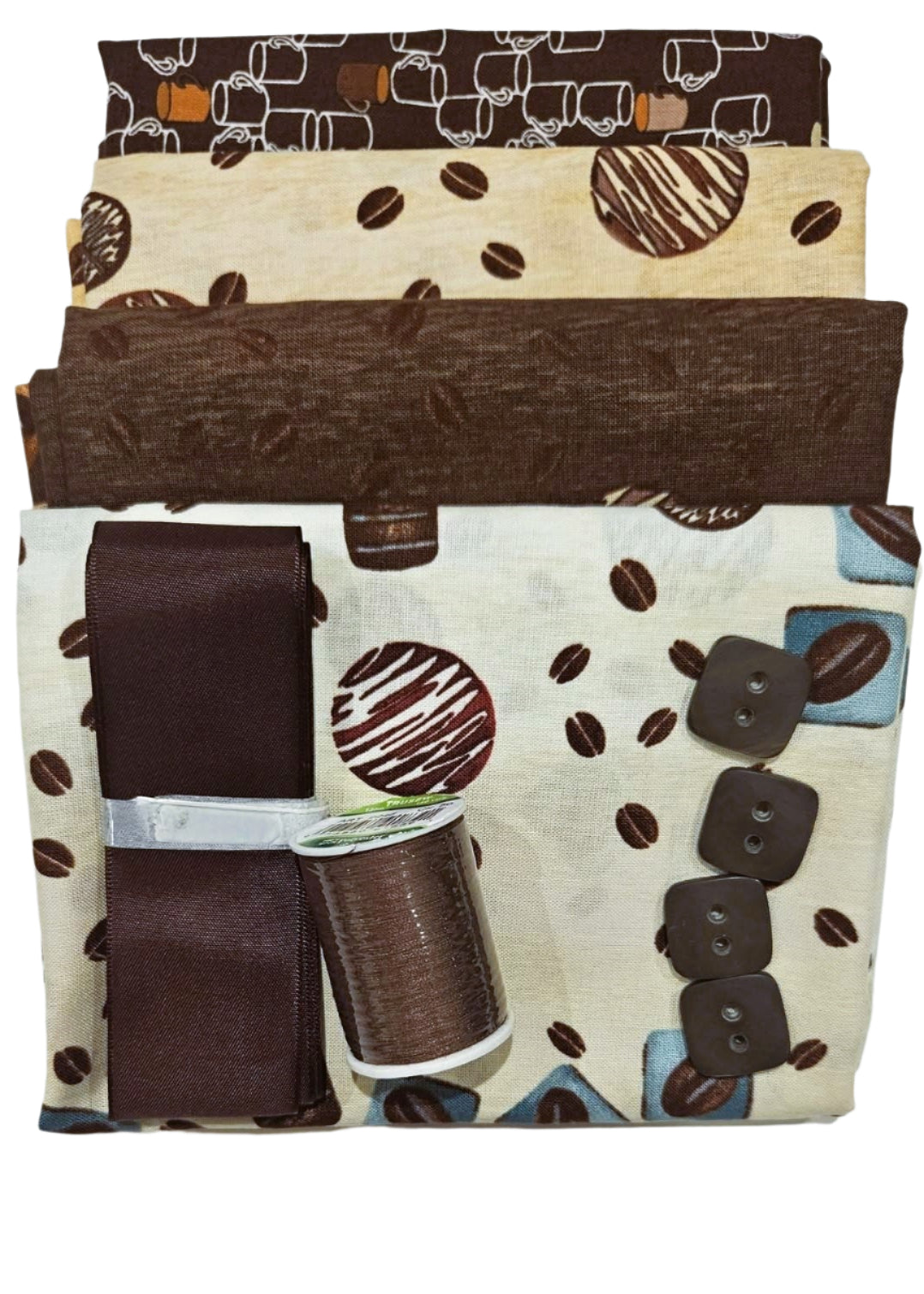 Half Yard Stash Bundle - Coffee Break - Inc 4 x fabrics, thread, ribbon & buttons