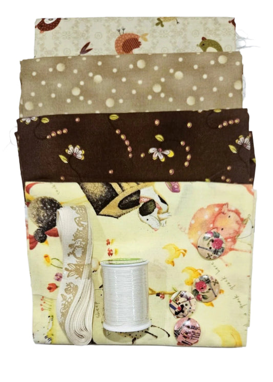 Half Yard Stash Bundle - Farmhouse Blend - Inc 4 x fabrics, thread, ribbon & buttons