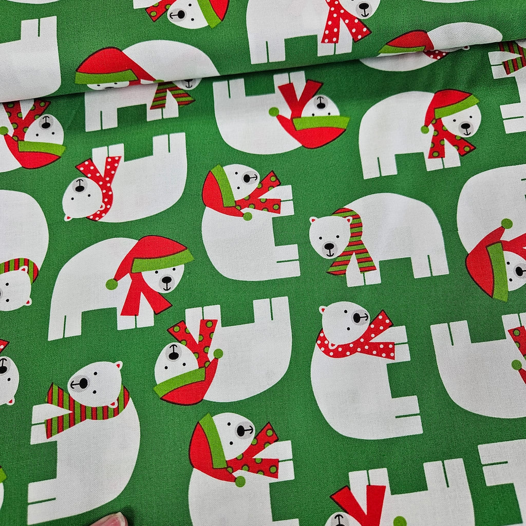 Robert Kaufman - Jingle Polar Bears on Green 100% Cotton Fabric