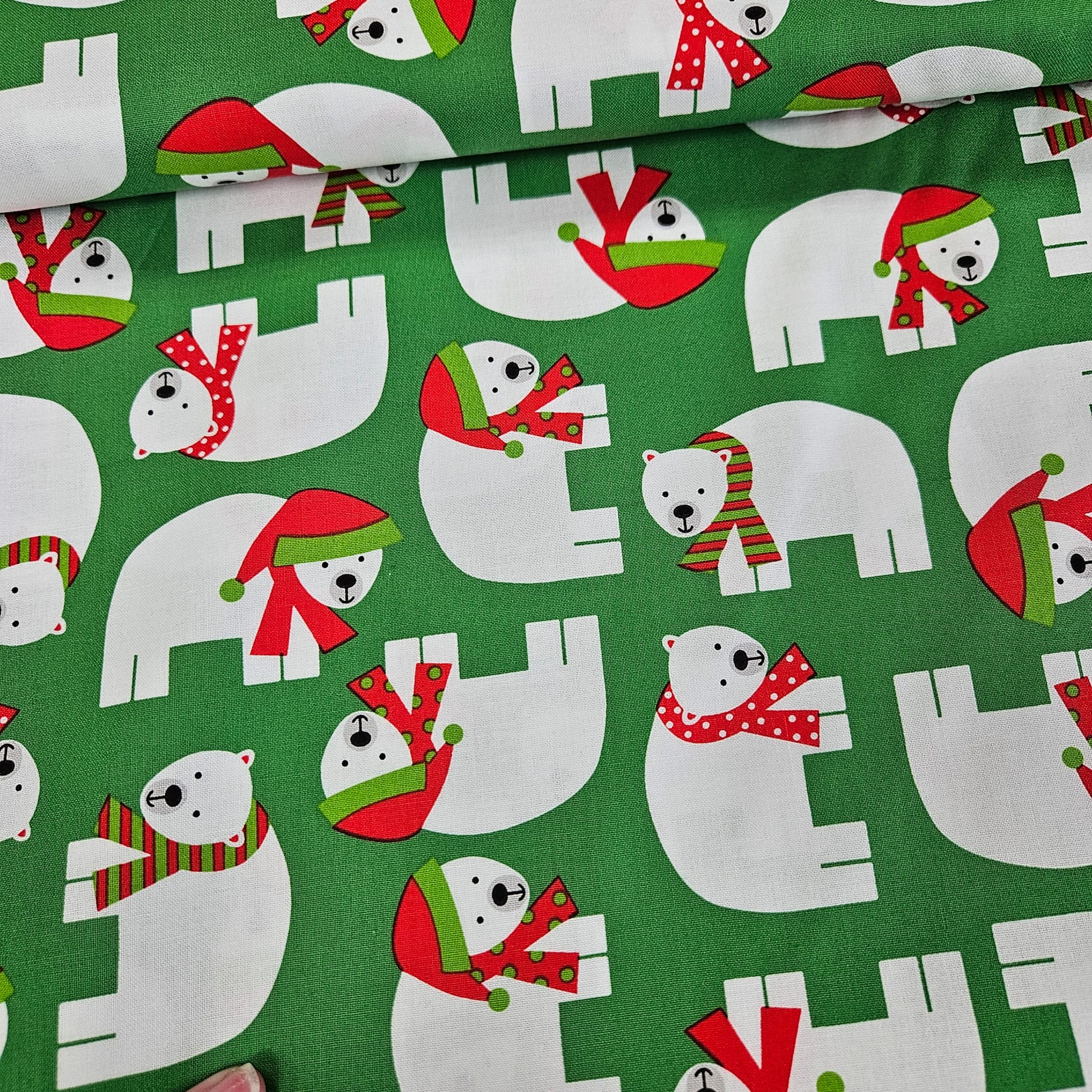 Robert Kaufman - Jingle Polar Bears on Green 100% Cotton Fabric