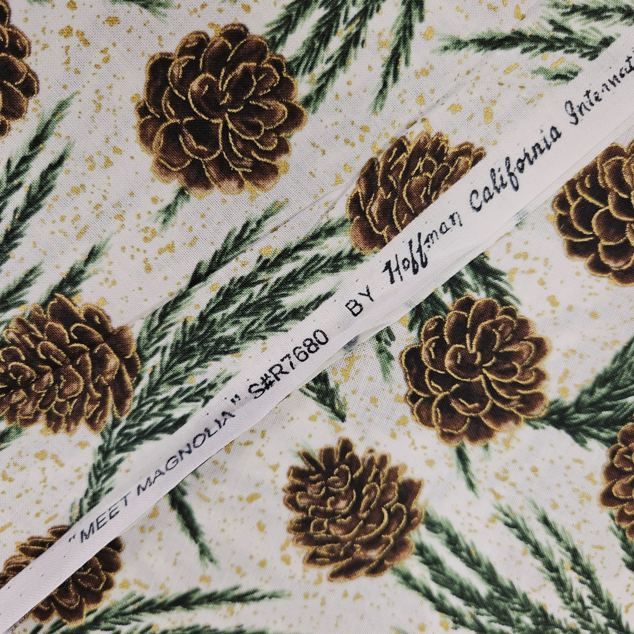 Hoffman - Meet Magnolia Pine Cones Metallic R7680 100% Cotton Fabric