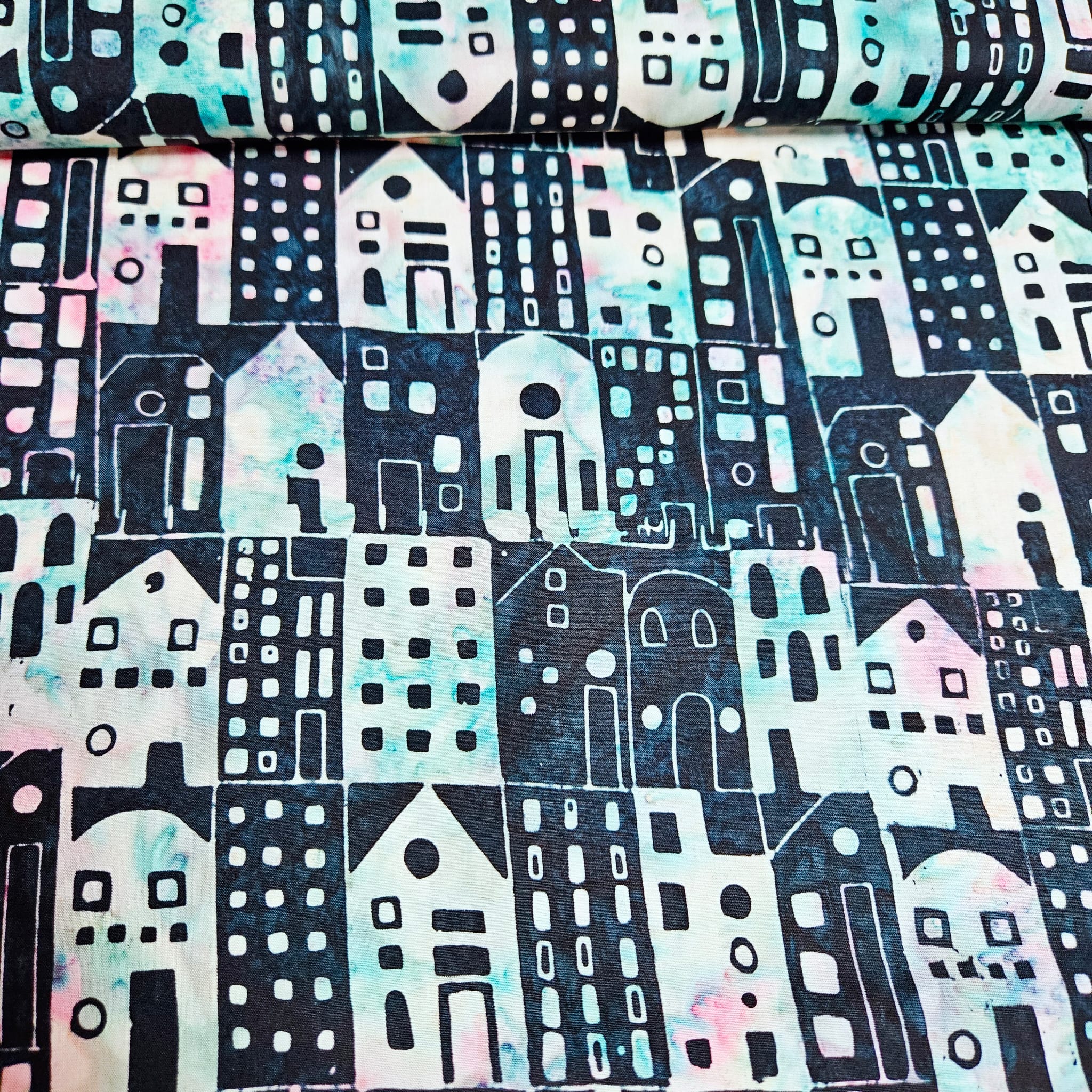 Hoffman - Bali Batiks Handpaints Teal Houses 3363-720 100% Cotton Fabric - Crafts and Quilts