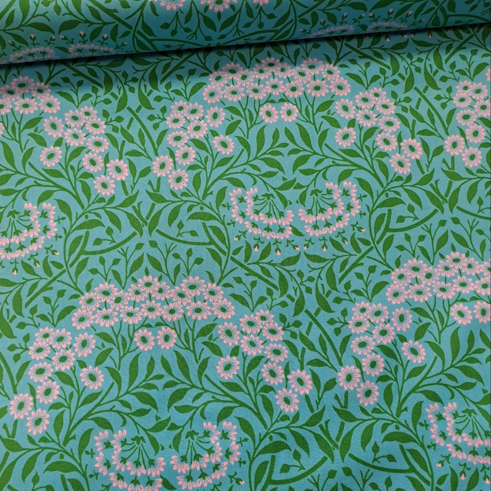 Kaffe Fassett and Morris and Co - Michaelmas Daisy Aqua PWKW007 - 100% Cotton Fabric by Free Spirit