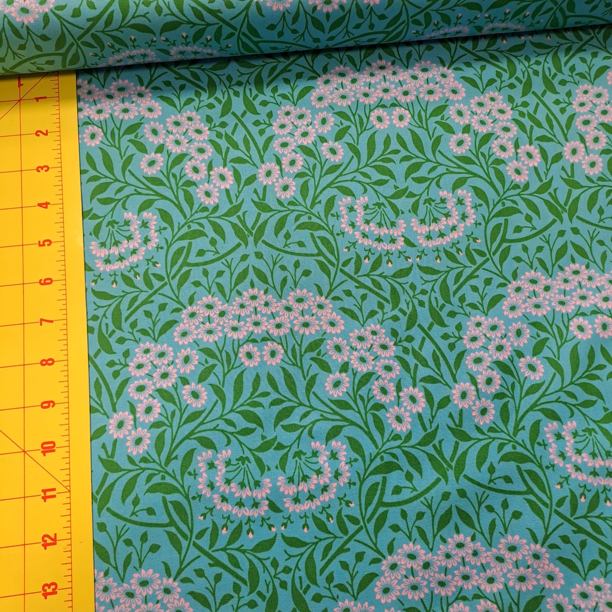 Kaffe Fassett and Morris and Co - Michaelmas Daisy Aqua PWKW007 - 100% Cotton Fabric by Free Spirit