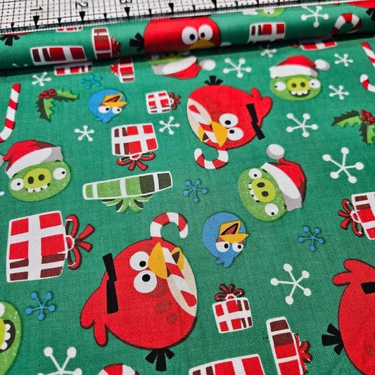 Angry Birds Christmas Green 100% Cotton Fabric