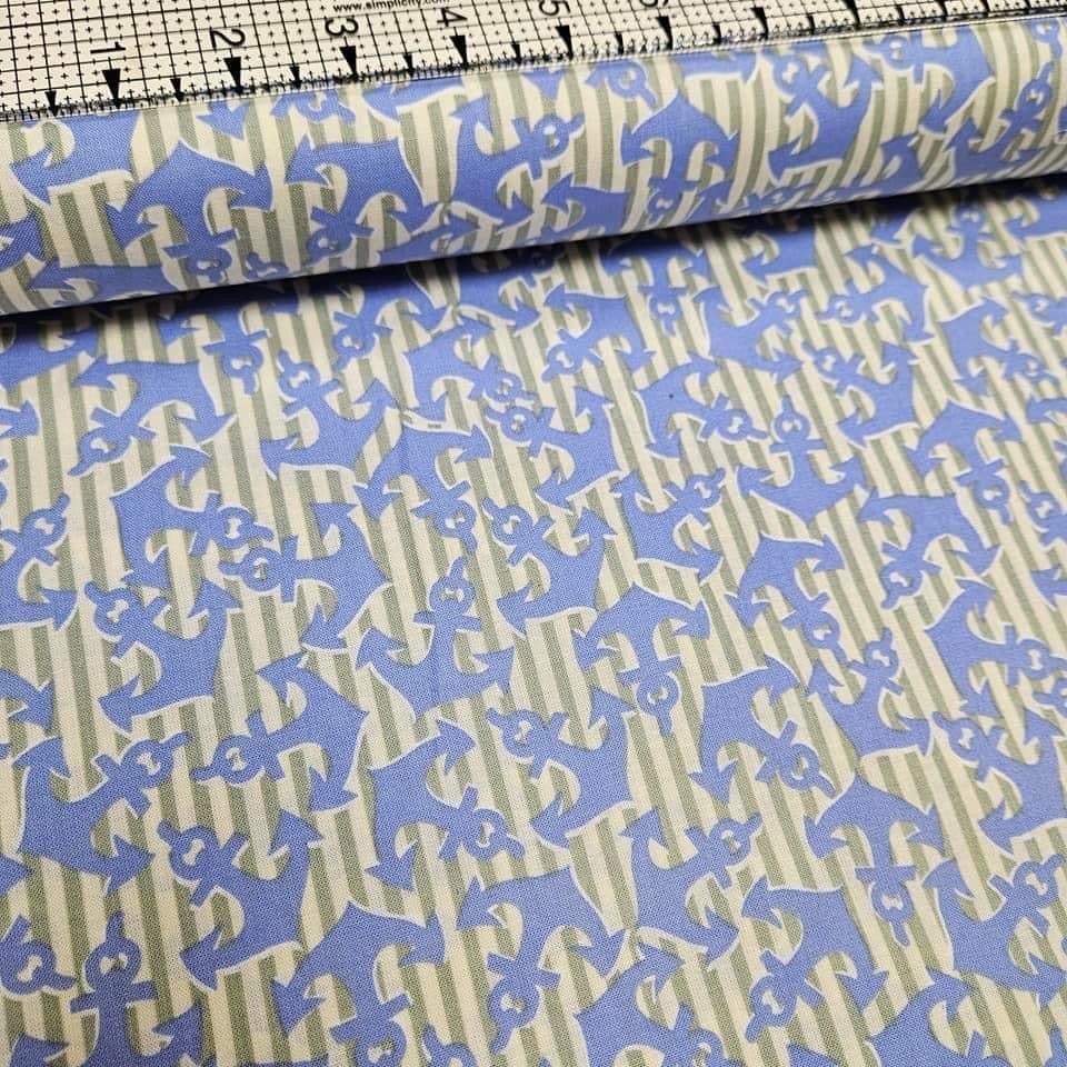 Benartex - Anchors Away Blue Stripe 100% Cotton Fabric - Crafts and Quilts