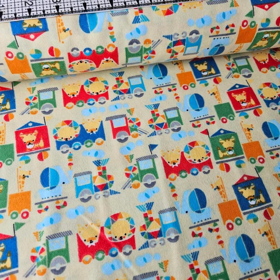 Camelot Cottons - Animal Train Cream 61179902B Brushed Cotton - Crafts and Quilts