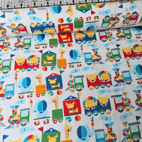 Camelot Cottons - Animal Train Blue 61179902B Brushed 100% Cotton Fabric - Crafts and Quilts