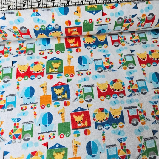 Camelot Cottons - Animal Train Blue 61179902B Brushed 100% Cotton Fabric