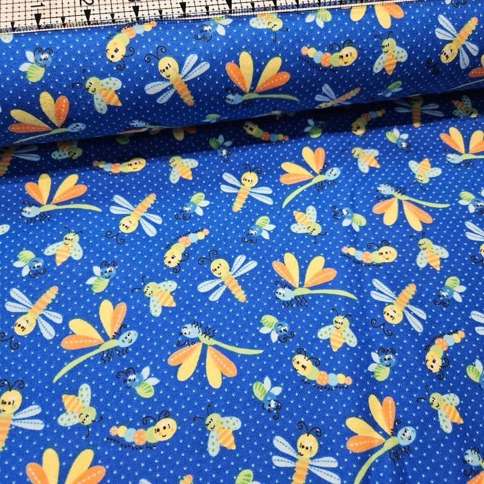 Camelot Cottons - Cute Bugs Blue 61179905B Brushed 100% Cotton Fabric