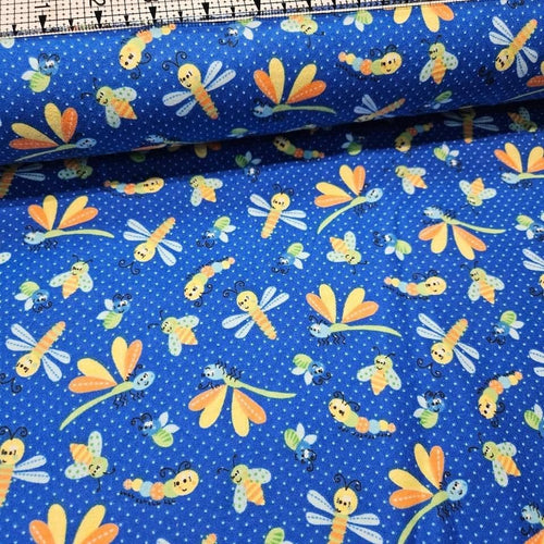 Camelot Cottons - Cute Bugs Blue 61179905B Brushed 100% Cotton Fabric - Crafts and Quilts