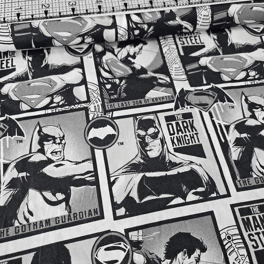 Camelot Cottons - DC Justice League Dark Knight & Man of Steel Comic Grey 100% Cotton Fabric