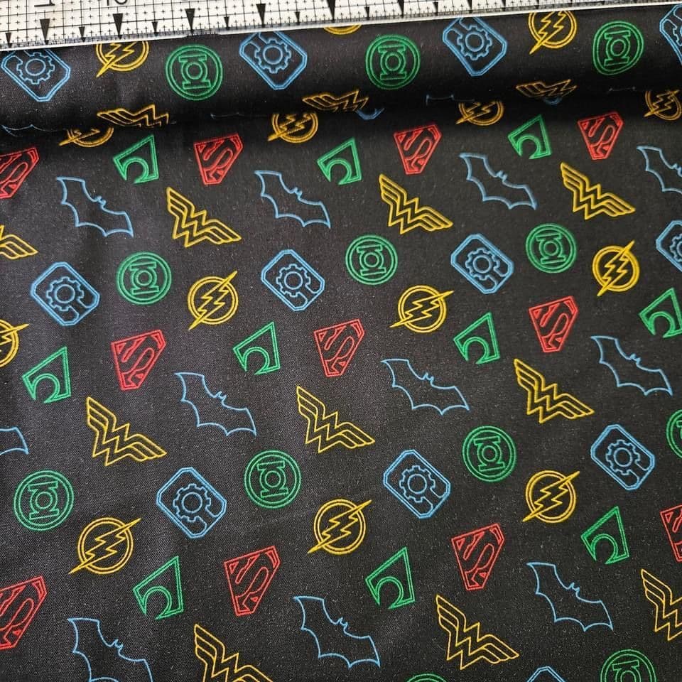 Camelot Cottons - DC Justice League Superheroes Logos Black 23421203 100% Cotton Fabric