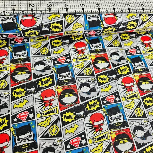 Camelot Cottons - DC Justice League Tiny Superheroes Comic Colour Kawaii 23421303 100% Cotton Fabric