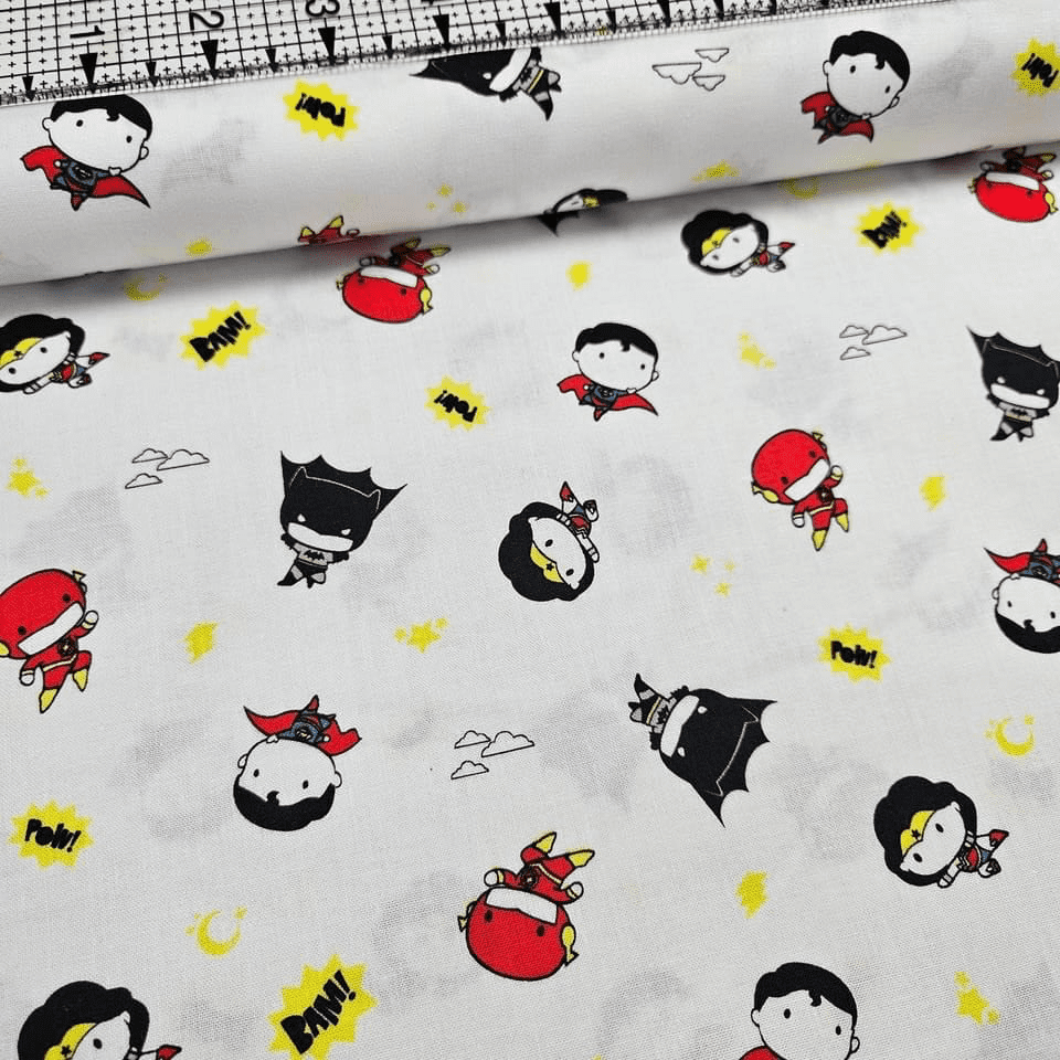 Camelot Cottons - DC Justice League Tiny Superheroes White Kawaii 23421301 100% Cotton Fabric